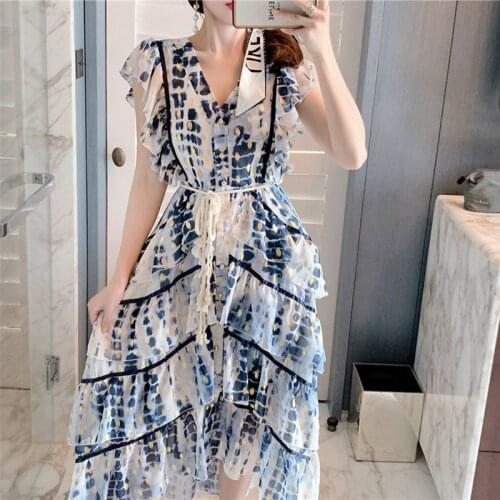 Beach Boho Printed Summer Dress Women Single Breasted Lace Up V-Neck Ruffles Flare Sleeve Party Dress Plus Size Loose C078