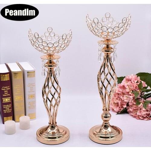 PEANDIM Gold Candelabra Centerpieces Wedding Candle Lantern Hollow Crystal Bowl Shape Flower Vase Strands Candlestick 10pcs/lot