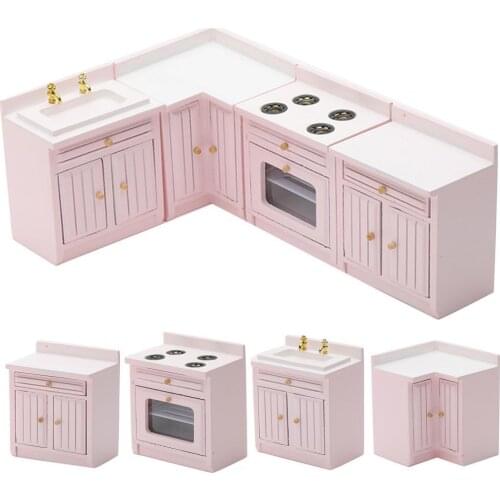 1/12 Mini Doll House Kitchen Play Cabinets Cooking Table Sink Counter Model Toy