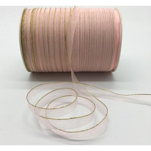10yds/lot 3/8" 10mm Pink Glitter Golden Rimmed Organza Ribbon Bow Hair Wedding Decoration Lace Crafts