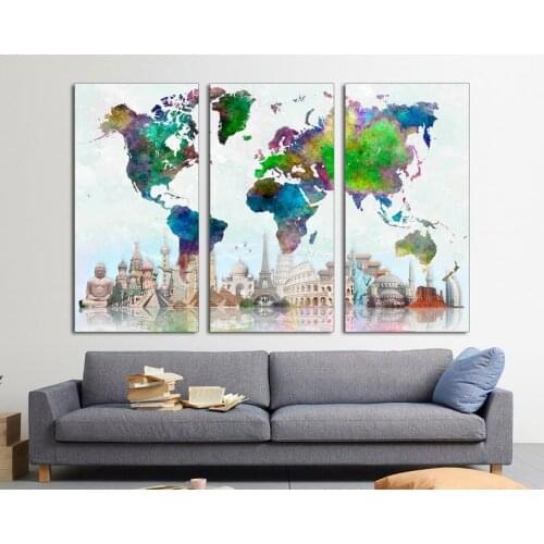 3 Panel Split Abstract World Map Canvas Print Blue And Green Map For Home Office Wall Decor Interior Design