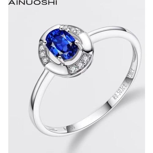 AINUOSHI 18K White Gold 0.398ct Natural Sparkling Sapphire 0.037ct Diamond Engagement for Women Halo Ring Eternal Love Jewelry