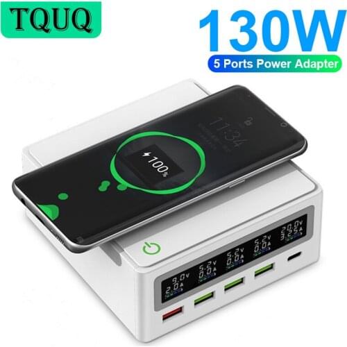 TQUQ 130W Qi Wireless Charger PD65W Type C Charger QC3.0 USB C Power Adapter LCD Display Charge Station For iPhone Xiaomi Tablet
