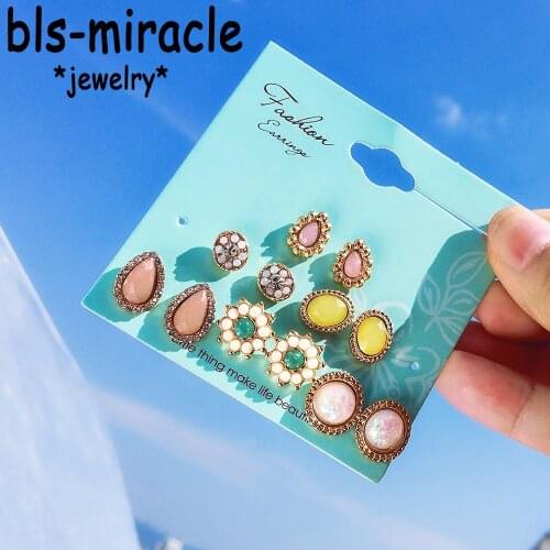 Bls-miracle Bohemia Flower Stone Stud Earrings Set For Women Cubic Zirconia Round Earring Statement Ethnic Party Jewelry Gifts
