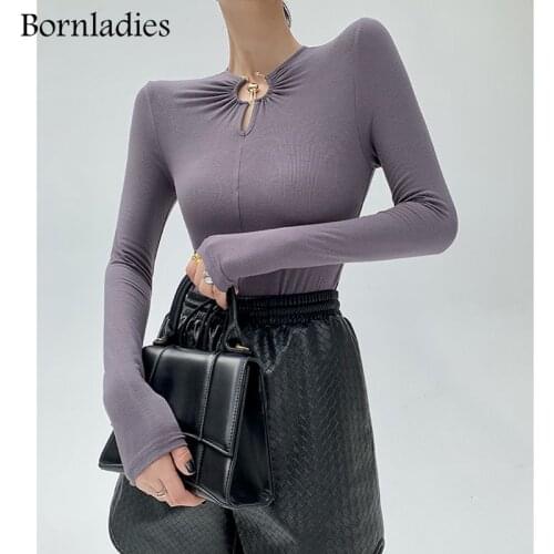 Bornladies Autumn Female Stylish Metal Buckle T Shirts Casual Skinny Bodycone Tees Women Cotton Long Sleeve Knitted T Shirt Pull