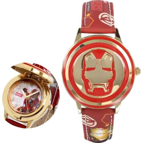 The Avengers iron Man Cartoons Anime Flip Metal quartz watch student boy child Leather watch Super hero Boy clock Watch gift