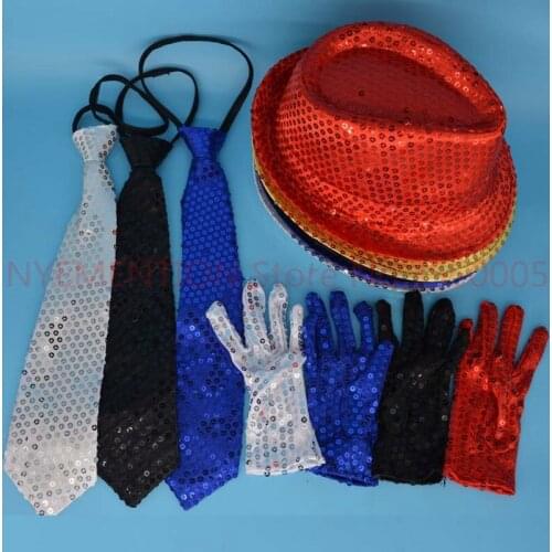 Kids Boy Girl Sequin Fedora Hat Jazz Hat Cap Gloves Ties Neck Tie for Party Dance Show Performance Childrens Day Hallowee 50PCS