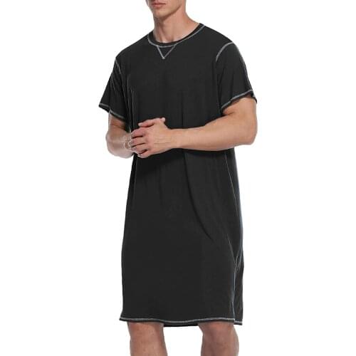 Male Summer Autumn Long Nightgown, Men Simple Style Solid Color Round Collar Short Sleeve Loose Nightdress Leisure Wear