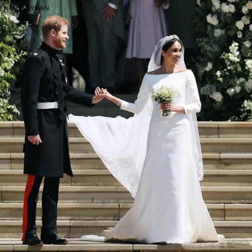 Princess Long Sleeves Wedding Dresses 2021 Simple Satin Bateau Neck Long Bridal Wedding Gowns Court Train