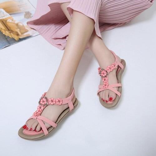 Elegant Soft Bohemian Women Sandals Open Toe Flat Heel Shoes Flower Beads Anti Skid Sandals for Beach