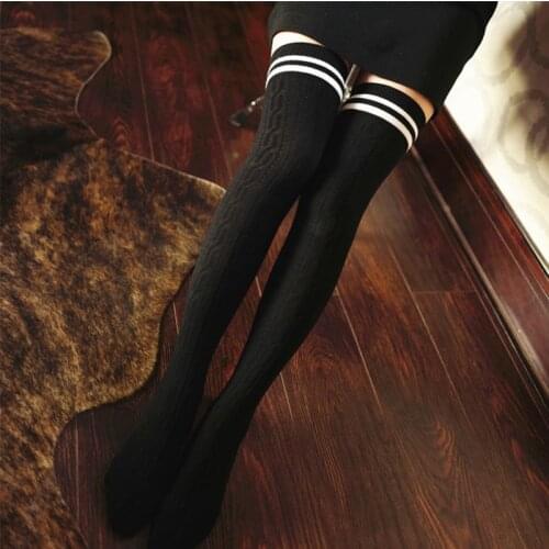 CUHAKCI Casual Cotton Female Black Striped Long Sexy Sock Thigh High Over Knee High Socks Girls Wome New Fashion Stockings