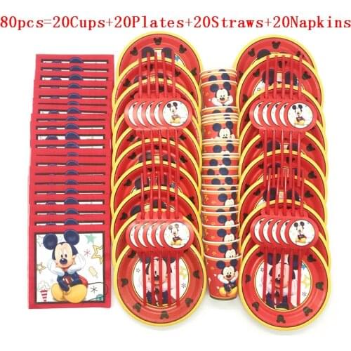50Pcs/80pcs Hot Red Mickey Mouse Disposable Paper Cups Plates Flexible Straws Baby Shower Kid Birthday Napkin Decoration Supply