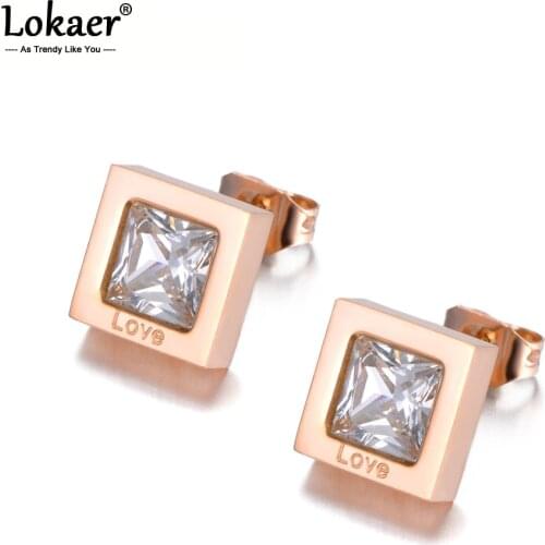 Lokaer Cubic Zirconia Stud Earrings White CZ Crystal Jewelry 3 Colors Plated Stainless Steel Women Gift Rhinestone E18485