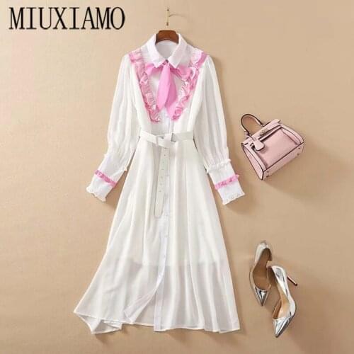 MIUXIMAO 2021 Spring Summer Full Sleeve Ruffles Bow Elegant Casual Midi Dress Women Vestidos with Belt