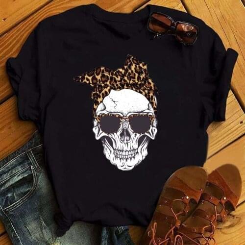Fashion Leopard Skull Printed Women T-shirt Summer Loose Plus Size Black Female T-shirt Casual Round Neck Harajuku Tops Clothes