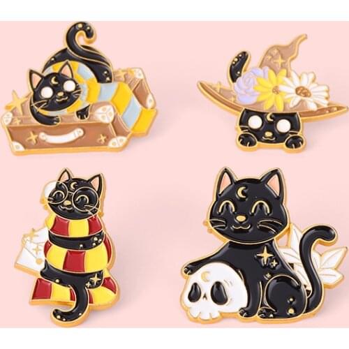 Fashion Cartoon Black Magic Cat Badge Fashion Hat Scarf Skull Metal Enamel Brooch Personality Cute Lapel Backpack Jewelry Gift