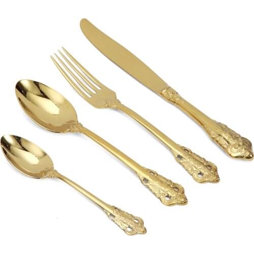 Jaswehome 4-Piece Black Gold Stainless Steel Cutlery Set Dinnerwares Steak Knife And Fork Tea Spoons Flatwares Dinner Sets