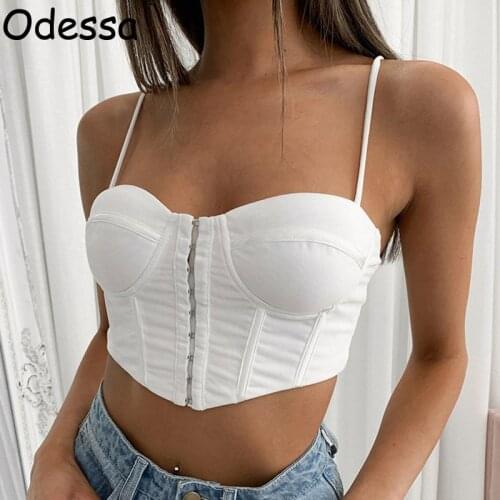 Odessa Black Sexy Spaghetti Strap Corset Crop Top Womens Sleeveless Backless Bodycon Party Tube Tops White Camis Summer Bustier