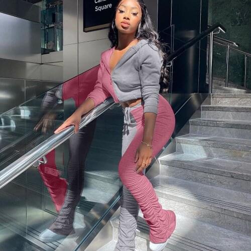 Autumn Winter Tracksuit Women 2020 Two Piece Set Patchwork Hoodies Jacket Top and Stacked Leggings Casual Outfits Matching Sets