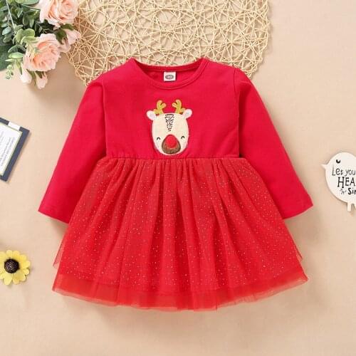 Christmas Toddler Baby Girls Mesh Dress Infant Red Elk Applique Pattern Long Sleeve Yarn Hem Skirt Children Kids Outfits