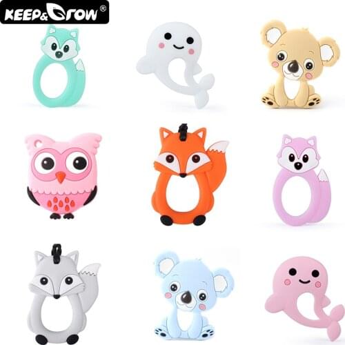 Keep&Grow 2pcs Silicone Baby Teethers BPA Free Animals Koala Owl Fox Teether Teething Toys Silicone Beads DIY Necklace Pendant
