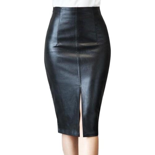 Stylish Women Solid Color High Waist Faux Leather Front Slit Midi Bodycon Skirt