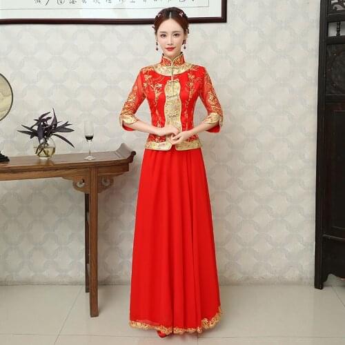 Red Chinese Traditional Wedding Dress Women Qipao Long Embroidery Cheongsam Modern Oriental Evening Dresses Gold Brocade Gown