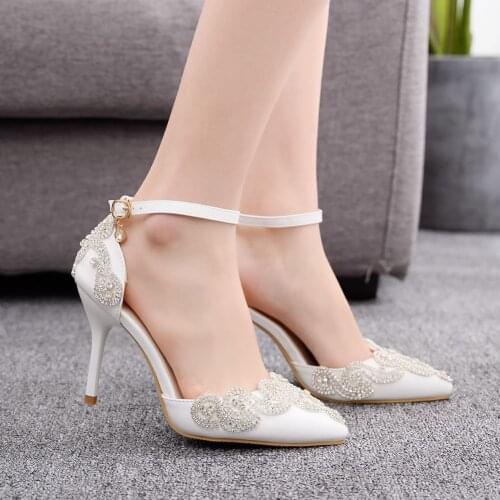 Wedding Shoes Bridal Pumps Female White Drill Rhinestone Crystal Stiletto Pointed Fashion High Heels