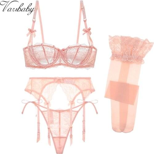 Varsbaby big bow sexy lace transparent half cup plus size underwear for bra + garter belt + thong + stockings 4 pieces/lot