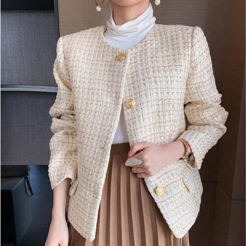 New arrival spring autumn small fragrance tweed jacket women o-neck slim short single breasted top jacket