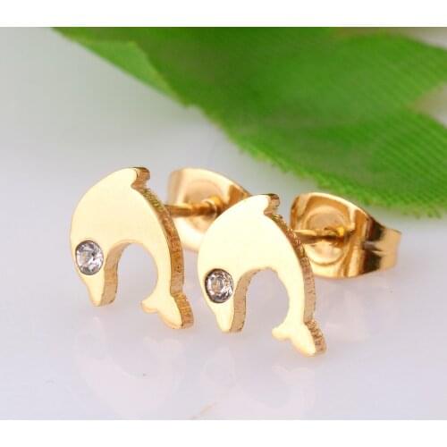 Gold Color Dolphin Earring Stainless Steel With Crystal Women Stud Earring Never Fade 014