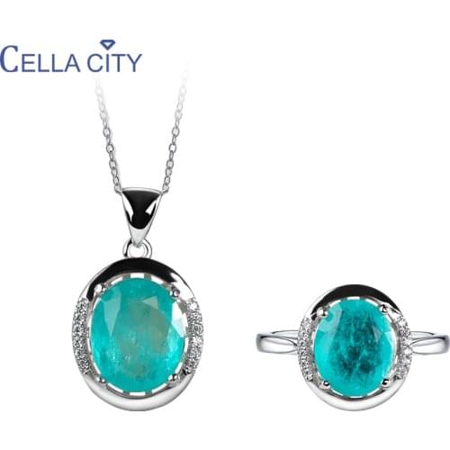 Cellacity 925 Sterling Silver Women jewelry set with round Paraiba Tourmaline Gemstones ring pendant necklace wedding gift