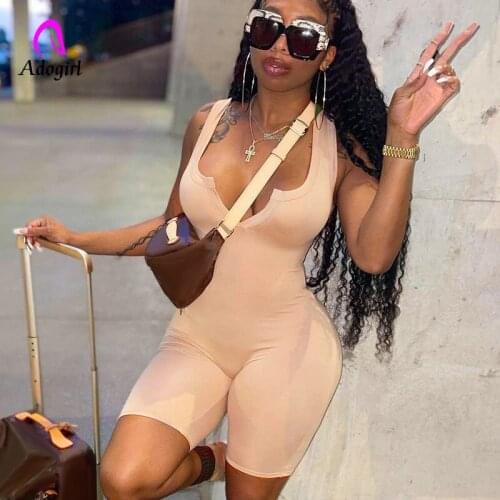 Fitness Women Biker Playsuit Solid Sleeveless Sporty Rompers 2021 Summer Sexy V Neck Night Club Party Outfits Workout Activewear