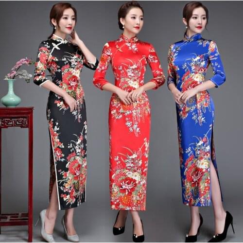 Old Shanghai Elegant Women Satin Qipao Slim 3/4 Sleeve Long Dress New Traditional Chinese Mandarin Collar Cheongsam Vestidos