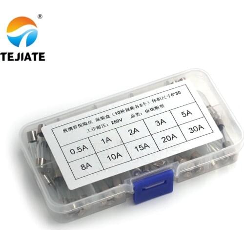 50Pcs/lot 6x30mm Quick Blow Glass Tube Fuse Assorted Kit Fast Blow Glass Fuses 250V 0.5A A 2A 3A 5A 8A 10A 15A 20A 30A