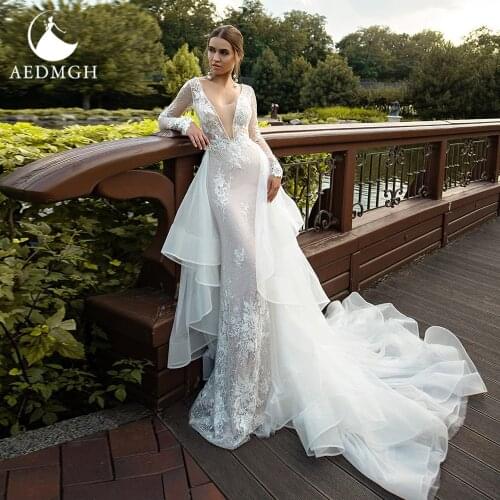 Aedmgh Mermaid Wedding Dresses 2021 Scoop Long Sleeve Detachable Train Vestido De Novias 2 In 1 Appliques Backless Bridal Gowns