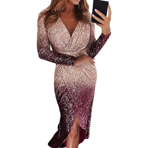 Shiny Clothes Ombre Dress Gradient Sexy Midi Dress Party Night Club 2021 Sukienka Glitter Formal Dress Women Elegant Deep V Neck
