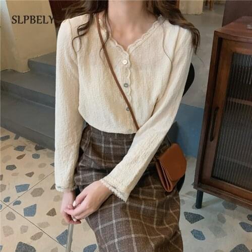 SLPBELY V-neck Women Blouses Shirt Spring Casual Lace Button Long Sleeve White French Tops Shirts Femme Clothing Office Wear