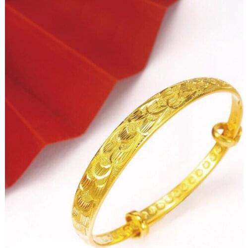 MxGxFam Push and Pull Feather Shaped Retro Bracelets and Bangles ( adjusted ) for Women Bridal Wedding Jewelry Pure Gold Color