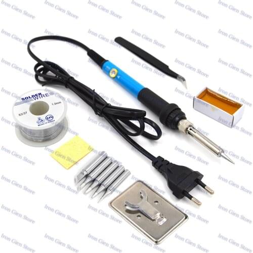 Electric Soldering Iron Kit 60W 220V/110V EU/US Plug Adjustable Temperature with 5 Welding Tips Iron Stand Solder Wire Tweezers