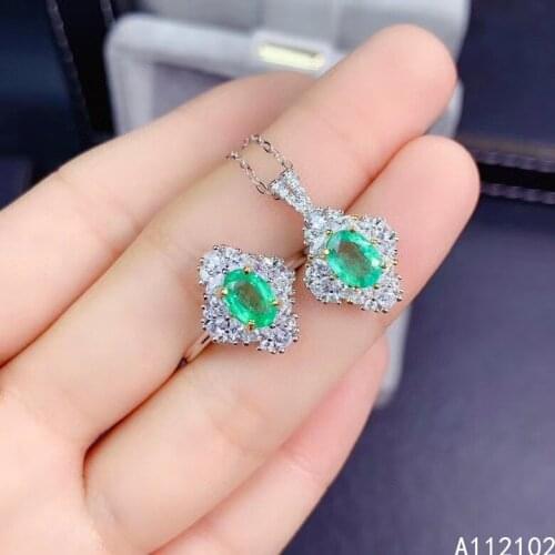 KJJEAXCMY fine Jewelry 925 sterling silver inlaid natural Emerald new girl luxury pendant ring set support test Chinese style