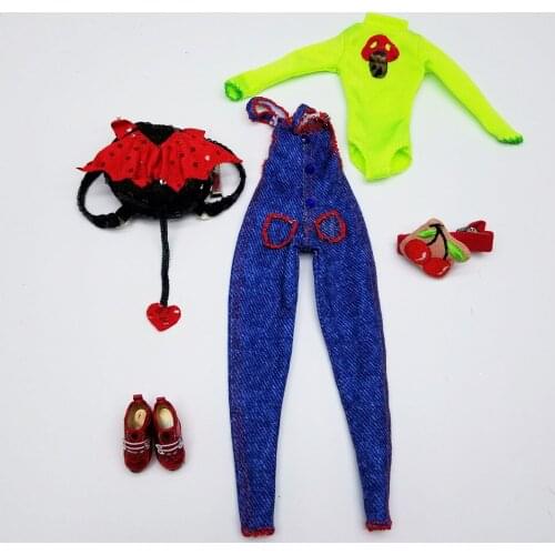 Collectible Blue Jeans + Green Shirt +Shoes+ Bag Leisure Clothing Outfit Accessories For 1/6 BJD Doll Fashion BJD Clothes