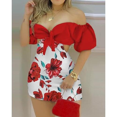 Summer Fashion Holiday Floral Print Off Shoulder Knotted Puff Sleeve Skinny Shorts Skorts Fairy Casual One Piece Women Romper