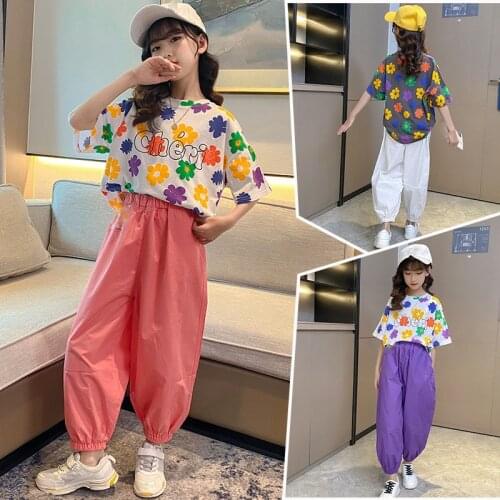 Summer Girls' Suits 2021 Korean Version Big ChildrenS Clothes Sets Loose Flower Print Short Sleeve + Casual Trousers 2Pcs 4-13Y