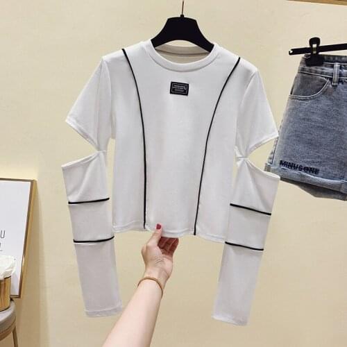 Summer Tops Hollow Out Short Tshirt Female Woman Clothes Long Sleeve T-Shirt Korean T Shirt Women Casual Slim Basic Cotton 2021