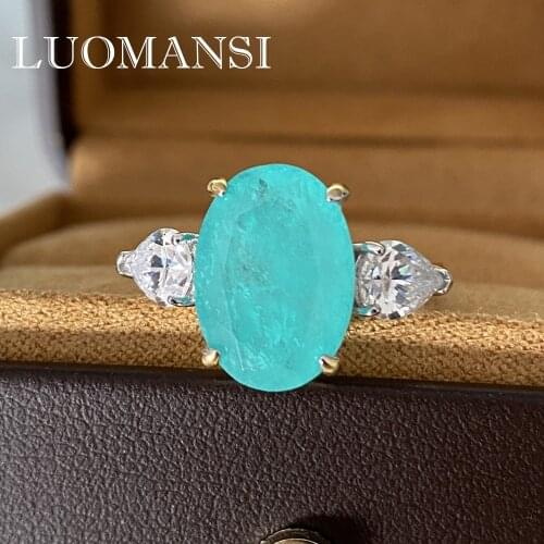 Luomansi Luxury 10g 14*10 Laparaiba Tourmaline Ring S925 Sterling Silver Jewelry Woman Wedding Party Ring Wholesale