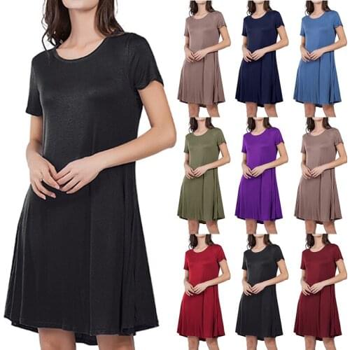 Summer Dress Women Short Sleeve O Neck Mini Dress Pocket Loose Casual Female Soft Short Dress Vestidos