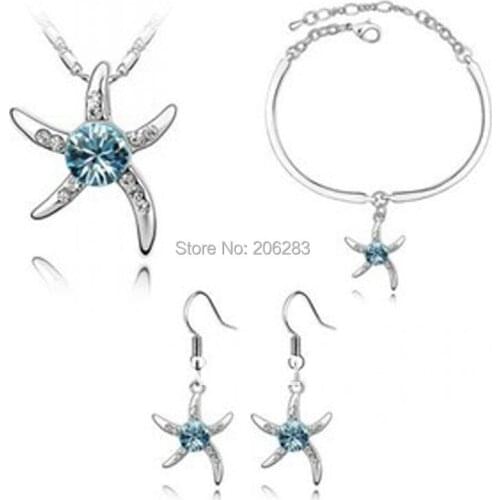 Mix $10 Quality fashion Jewelry set exquisite crystal sea star necklace earrings bracelet S7004
