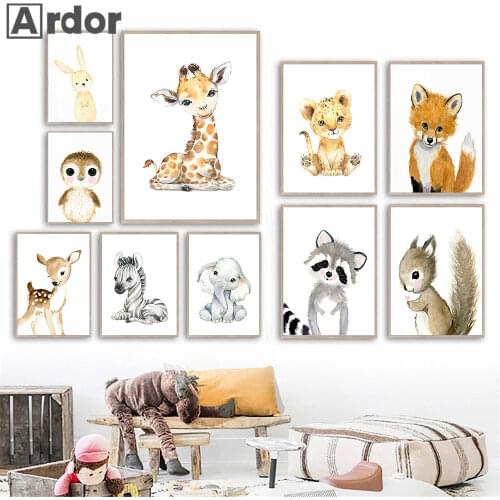 Woodland Animal Canvas Print Zebra Giraffe Elephant Leopard Wall Art Painting Nursery Poster Child Wall Pictures Baby Room Decor