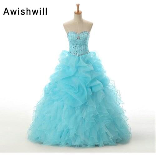 Real Photo Beading Crystal Ruffles Skirt Baby Blue Color Quinceanera Dresses For Girl Sweet 16 Ball Gowns Vestido Debutante